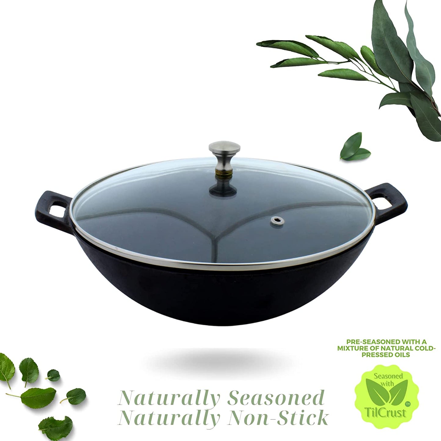 Cast Iron Kadhai | Sleek | Diameter 24 cms | Pre-Seasoned | with Lid | Induction Compatible