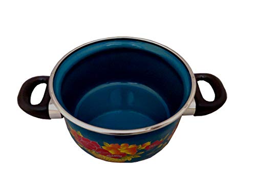 Cook and Serve Carbon Steel Enamel Pot 1.2Ltr (Blue - Flower Design)
