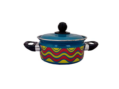 Cook and Serve Carbon Steel Enamel Pot 1.2Ltr (Blue - Zigzag Design)