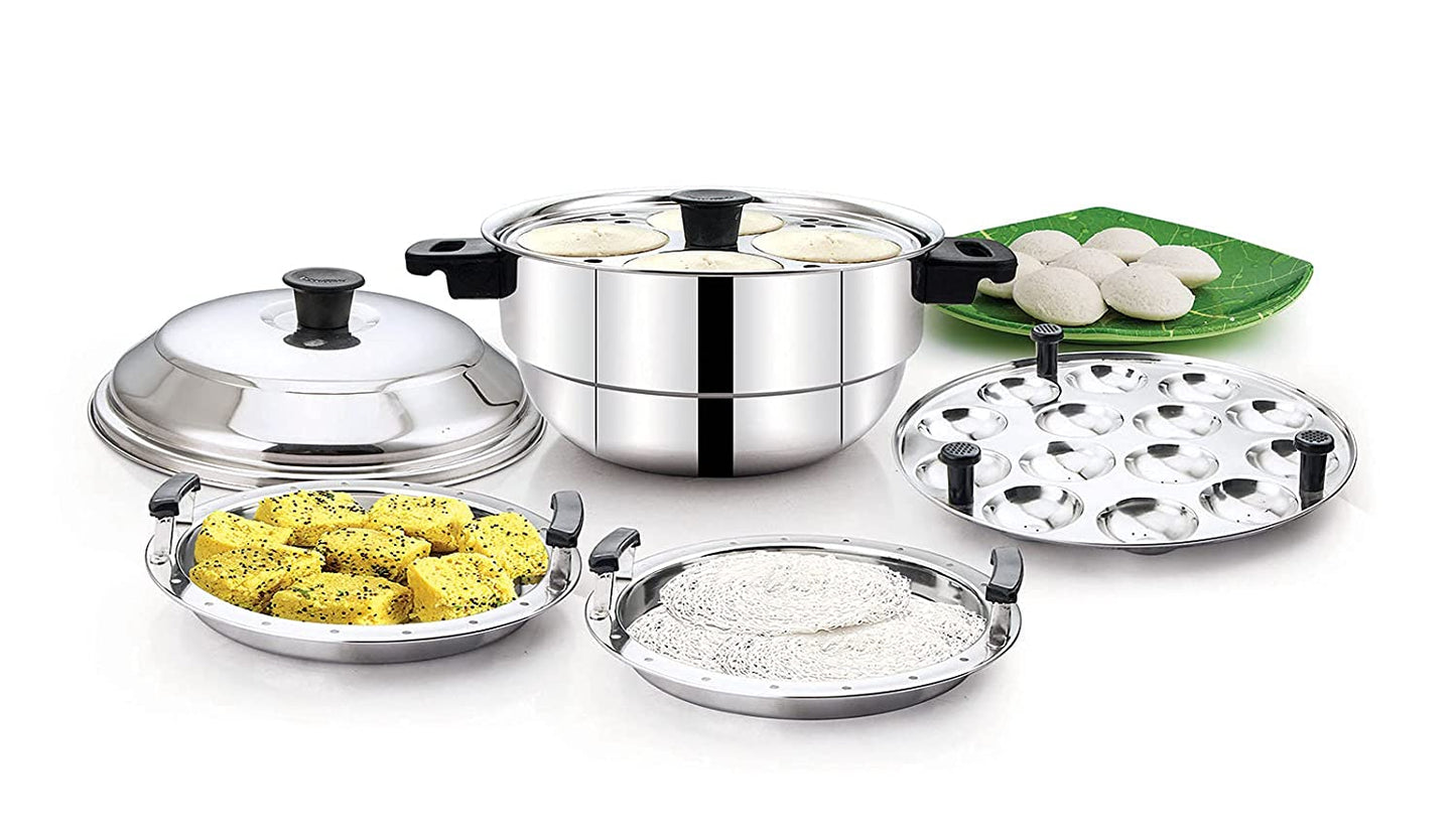 Essentials Stainless Steel 4 in 1 Steamer | Cooker (3 idli Plates | 1 Steamer Plate | 1 Dhokla Plate | 1 Mini Idly Plate)-12 idlies