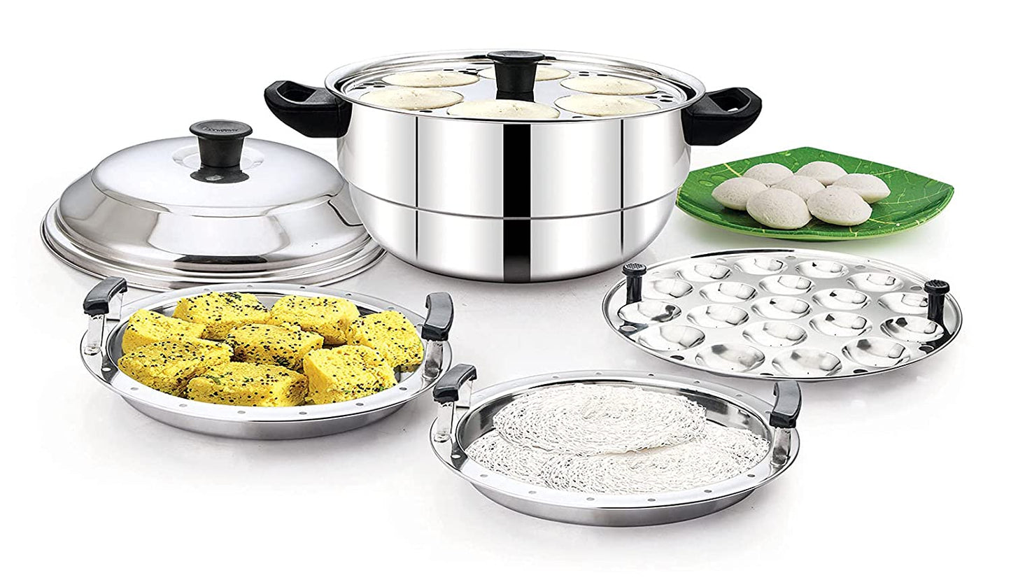 Essentials Stainless Steel 4 in 1 Idli Steamer | Cooker (4 idli Plates | 1 Steamer Plate | 1 Dhokla Plate | 1 Mini Idly Plate) - 24 idlies
