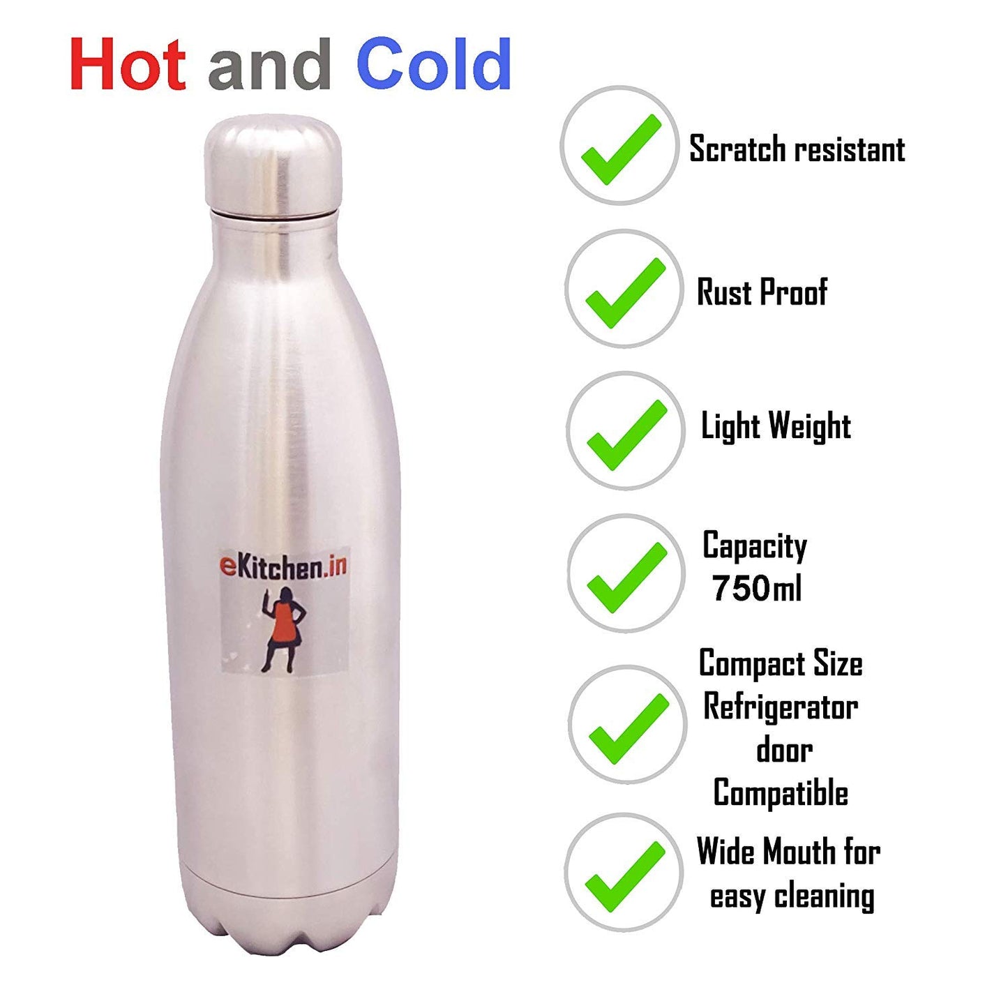 Stainless Steel 750ml Hot & Cold Water Bottle | Flask + 120ml Cups | Mugs Set of 6 Pcs