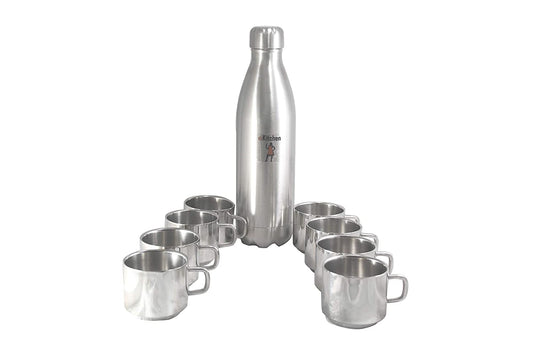 Stainless Steel 1000ml Hot and Cold Water Bottle | Flask + 120ml Cups | Mugs Set Of 8 Pcs