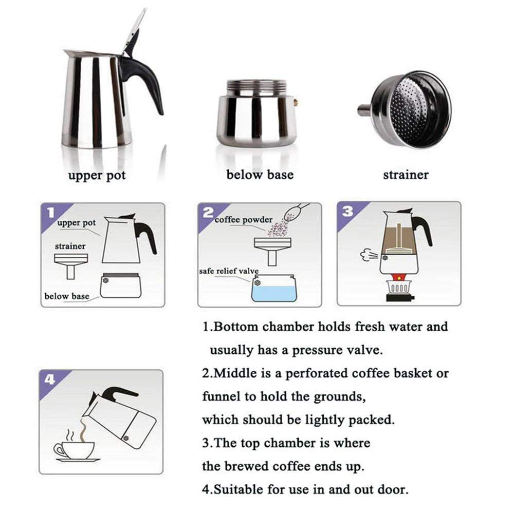 Stainless Steel Moka Expresso Coffee Pot (Works on Induction Cooktops)