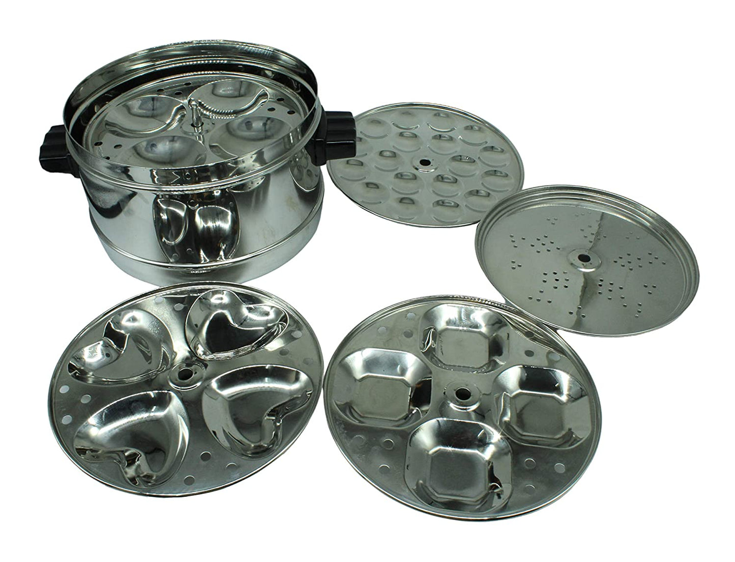 Stainless Steel Multi Steamer Different Shapes Idli Maker 4 Idli Plates (16 idlies) | 1 Square Shape Idli Plate | 1 Heart Shape Idli Plate | 1 Mini Idli Plate | 1 Steamer Plate