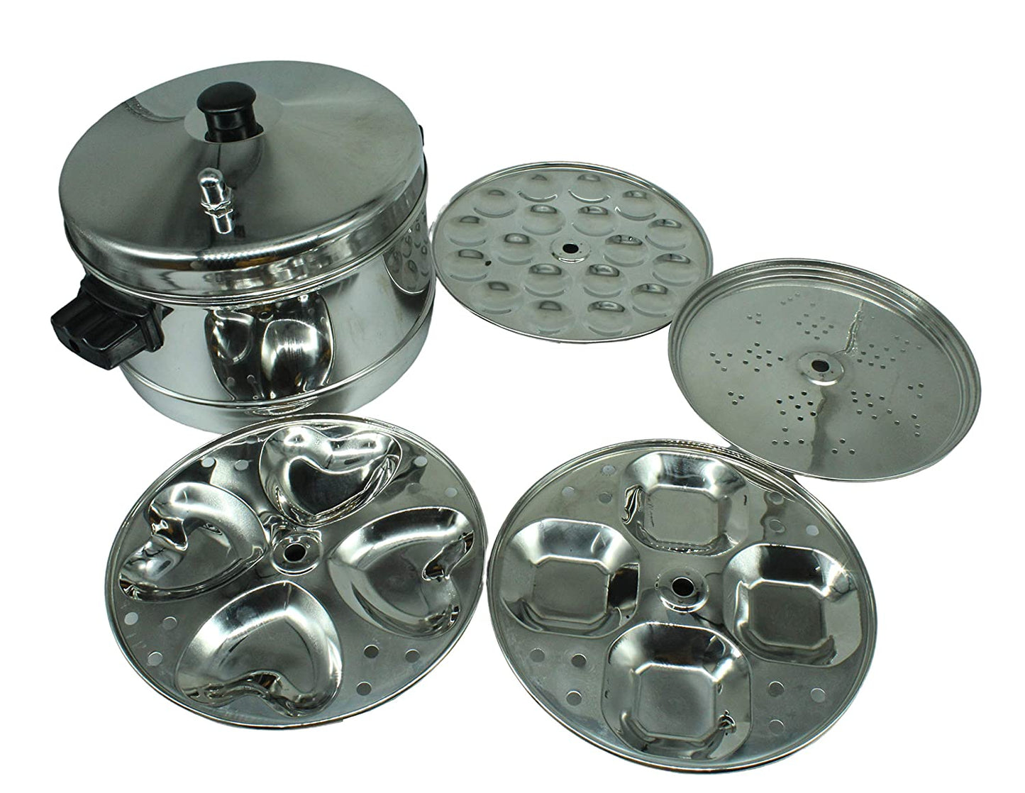 Stainless Steel Multi Steamer Different Shapes Idli Maker 4 Idli Plates (16 idlies) | 1 Square Shape Idli Plate | 1 Heart Shape Idli Plate | 1 Mini Idli Plate | 1 Steamer Plate