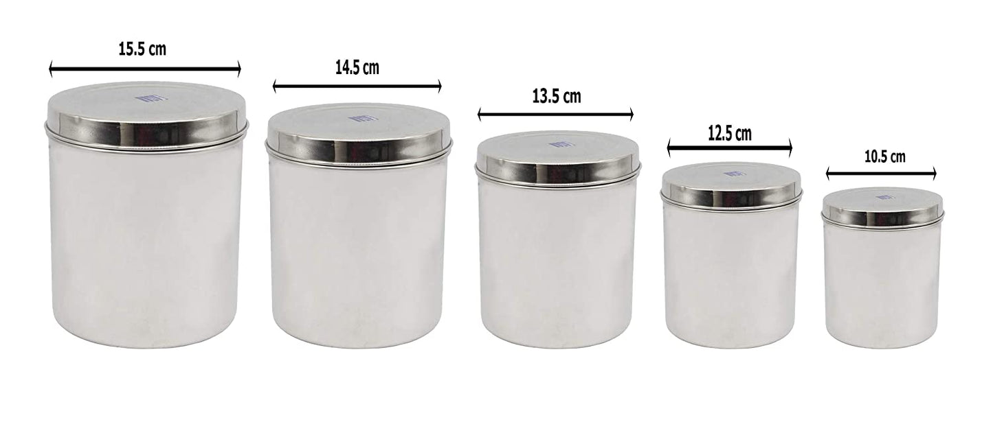 Stainless Steel Container | Canister | Deep Dabba Set of 5 Pcs (10.5cm,12.5cm,13.5cm,14.5cm,15.5cm)