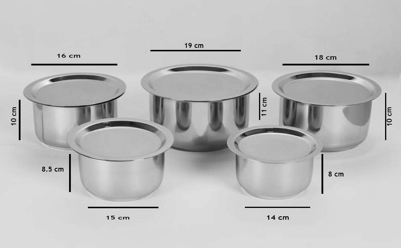 Stainless Steel Tope Set of 5 With Suitable Lid (14cm,15cm,16cm,18cm,19cm)