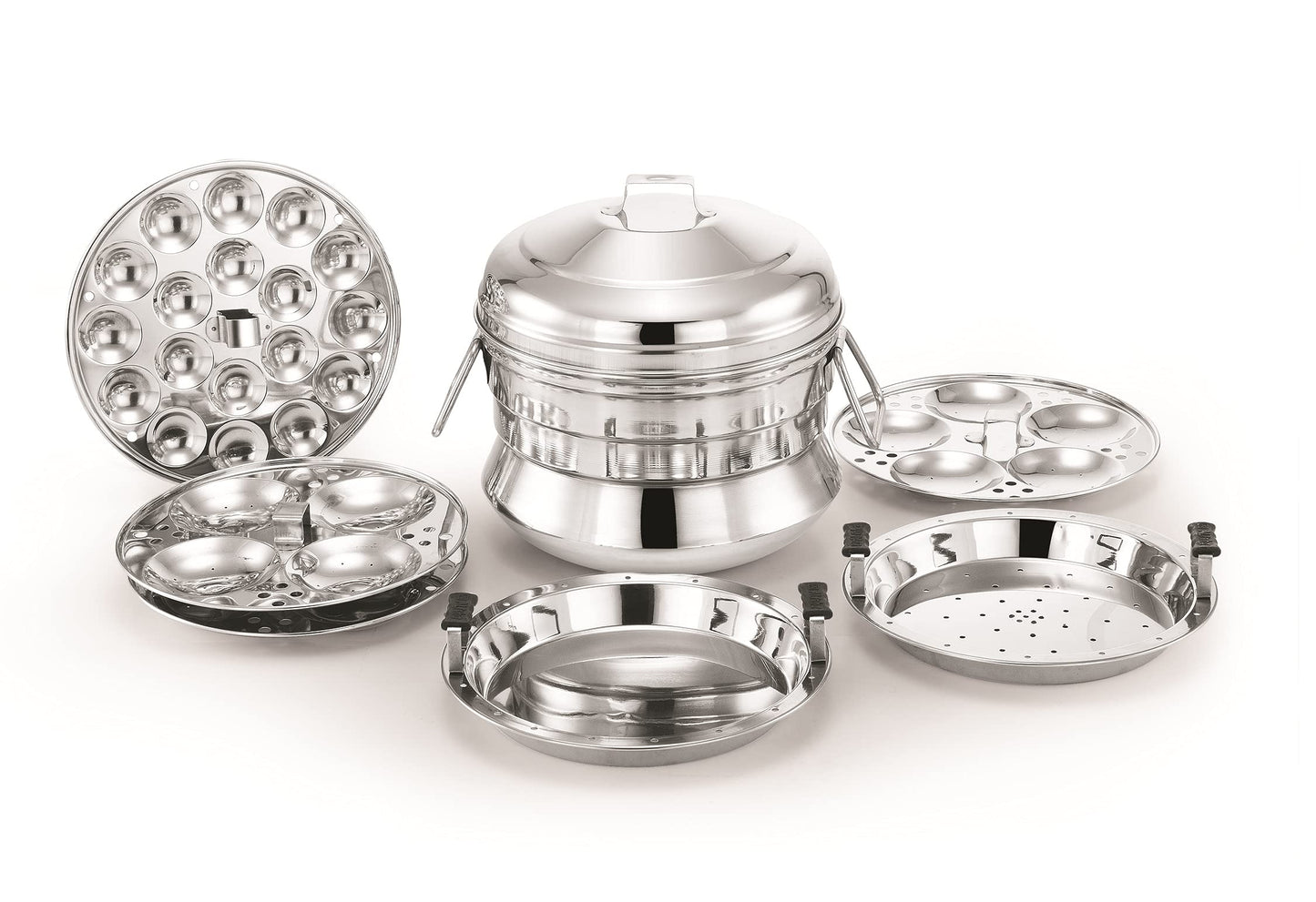 Stainless Steel Multi Steamer Idly Panai with 3 Idli Plates (13 Idlies) | 1 Steamer Plate | 1 Dhokla Plate | 1 Mini Idly Plate (Induction Base)