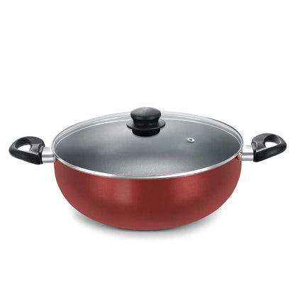 Prestige Omega Deluxe Induction Base Non-Stick Aluminium Deep Kadhai With Glass Lid, Red 280mm | 5 Litres - 36726