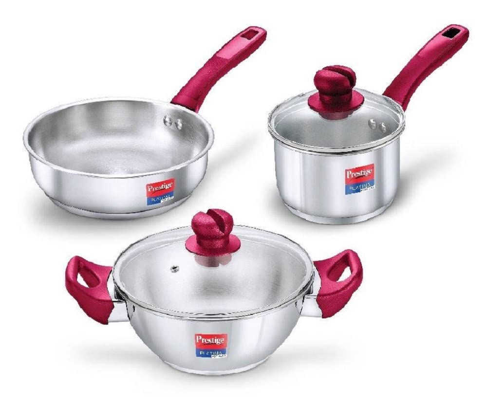 Prestige Platina Popular Stainless Steel 3PCS BYK Set Cookware ( Fry Pan 22cms | 1.9 L, Sauce Pan 16cms | 1.5 L, Kadai With Lid 22cms | 2.25 L)  - 37451