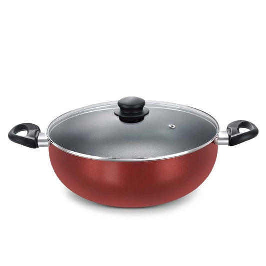 Prestige Omega Deluxe Induction Base Non-Stick Aluminium Deep Kadhai With Glass Lid, Red 300mm | 6 Litres - 36727