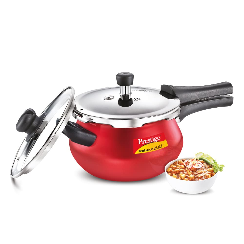 Prestige Deluxe Duo Plus Induction Base Aluminum Pressure Cooker, 1.5 Litres, Silky Red - 10722