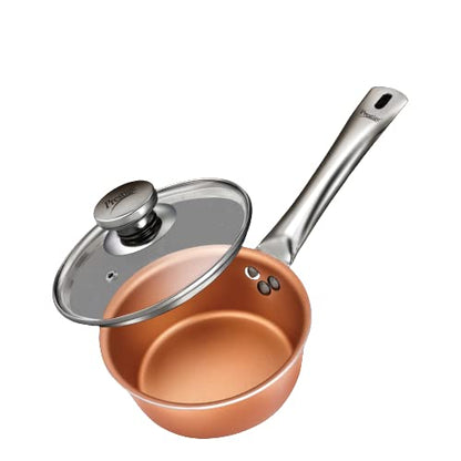 Prestige Cuprus Aluminium Gas and Induction Compatible Non-Stick Sauce Pan with Glass Lid, 16 cm, 1.1 Litres (Copper) - 37482