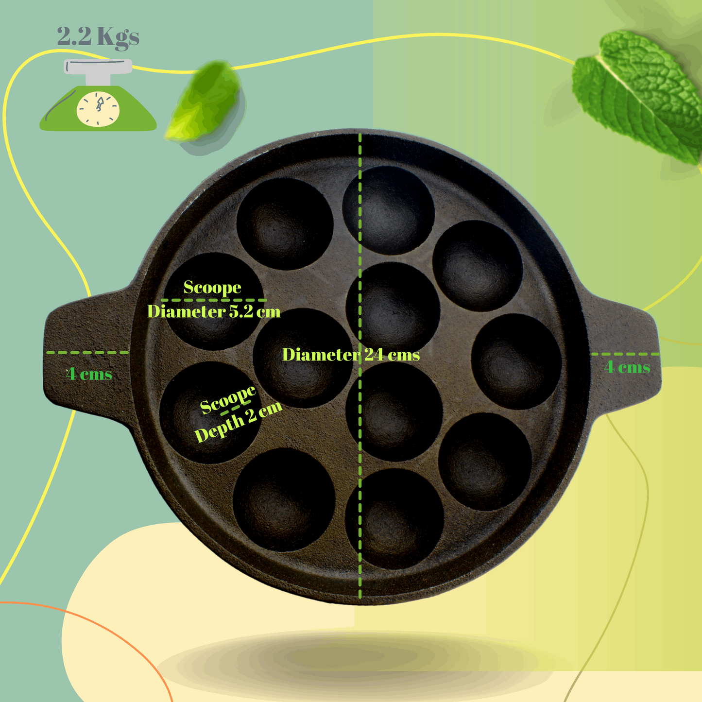 eKitchen ButterMold ButterMold Pre-Seasoned Cast Iron Round 12 Pits Paniyarakal | Paniyaram Pan | Paddu | with Lid - Induction Compatible