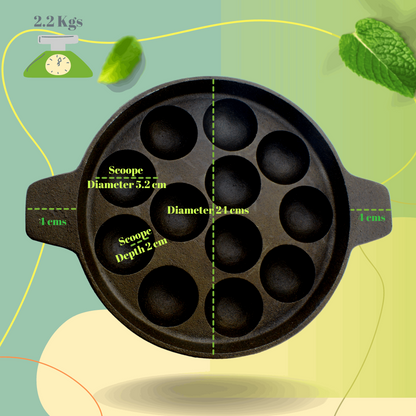 eKitchen ButterMold ButterMold Pre-Seasoned Cast Iron Round 12 Pits Paniyarakal | Paniyaram Pan | Paddu | with Lid - Induction Compatible