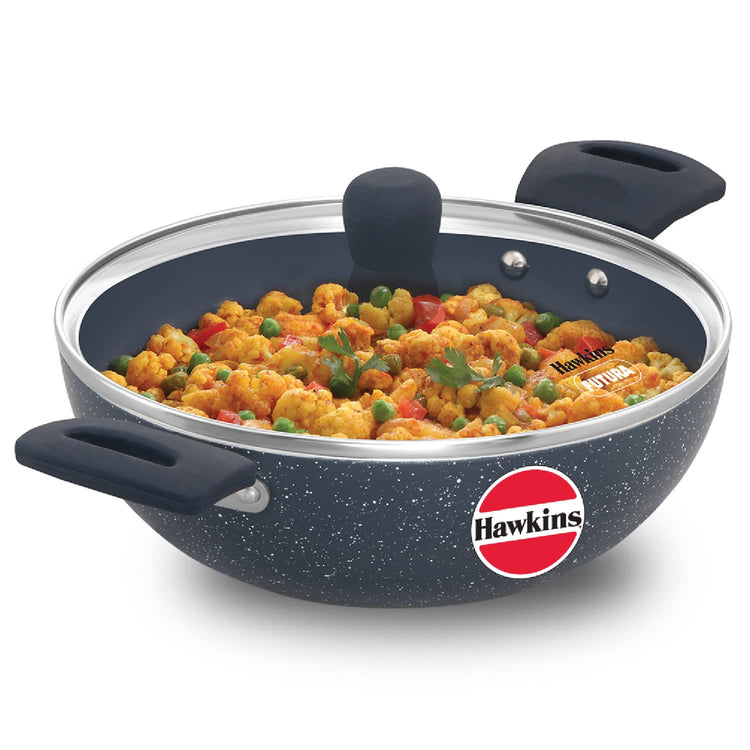 Hawkins Ceramic Nonstick 2.5 Litres Induction Base Granite Deep Kadhai With Glass Lid 24 cms- ICK25G