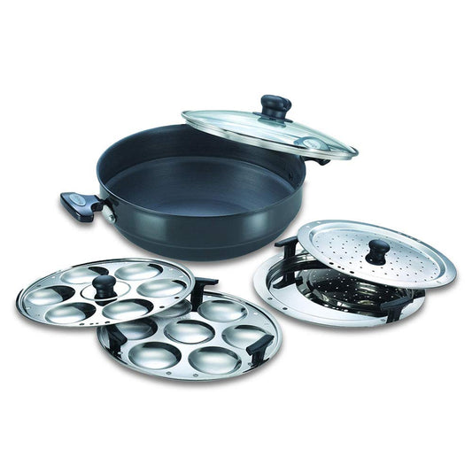 Prestige Hard Anodised Multi-Kadai with Glass Lid 280mm (Dhokla Plate, Patra Plate, Idli Plates) - 30609