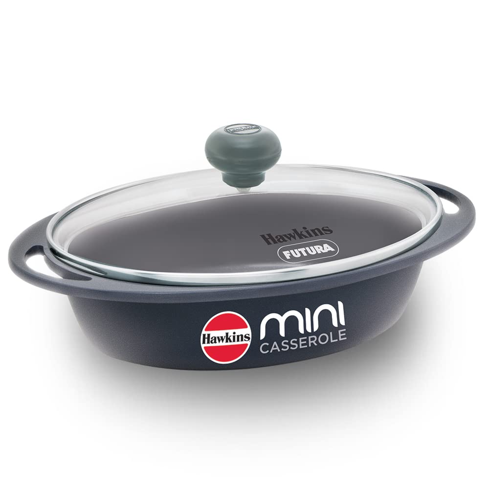 Hawkins Die-Cast Mini Casserole With Glass Lid 0.75 Litres, Oval Shaped Die-Cast pan for Cooking, Reheating, Serving and Storing, Grey - DCG75G