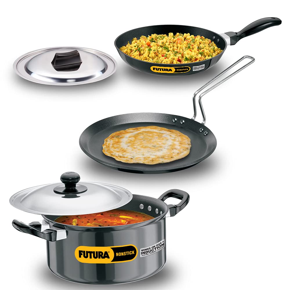 Hawkins Futura 3 Pieces Induction Compatible Nonstick Cookware Set 1 - 26cm Frying Pan, 26cm Flat Tava and 3 Litre Cook-n-Serve Stewpot with One Stainless Steel Lid - INSET1