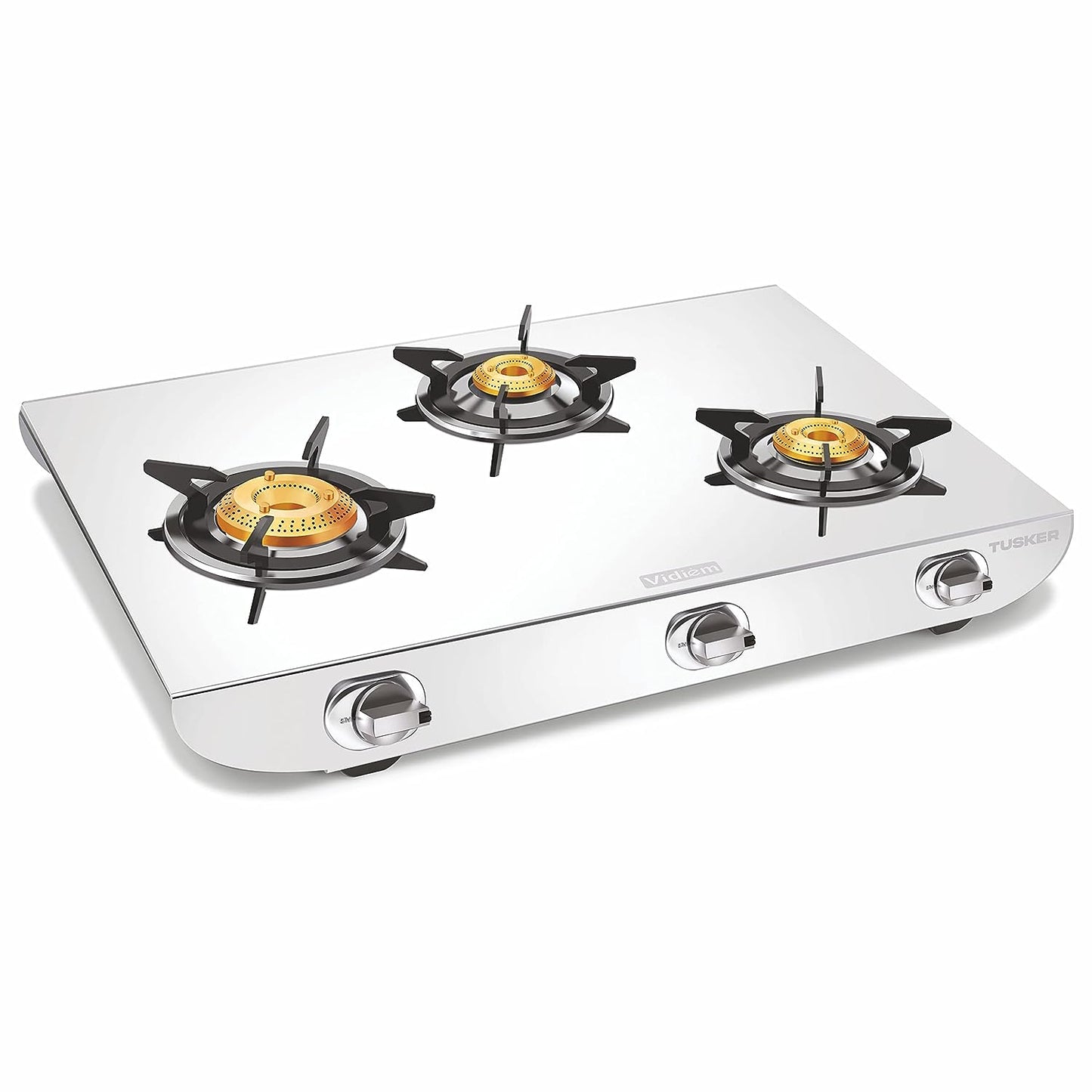 Vidiem Tusker Stainless Steel 3 Burner Glass Top Gas Stove | Manual Ignition