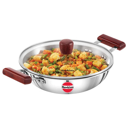 Hawkins Triply Stainless Steel Deep Fry Pan | Kadhai With Glass Lid 2.5 Litres | 26cms, Flat Bottom Induction Base - SSD 25G