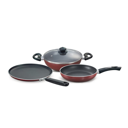 Prestige Omega Deluxe Induction Base Non-Stick Aluminium, Glass Kitchen Set, 3-Pieces, Red - 30747