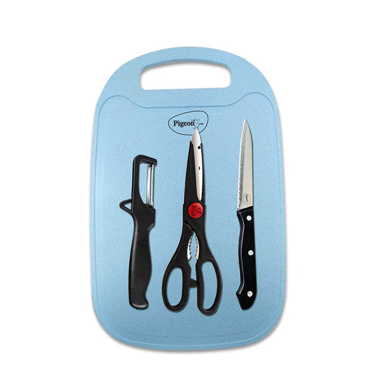 Pigeon Shears 4 Piece Kitchen Knife Set with Chopping Board, Stainless Steel Kitchen Knife, Scissor and Vegetable Pealer - 14184