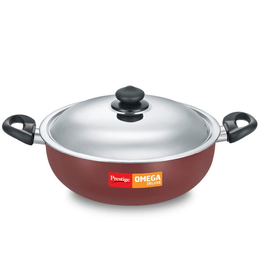 Prestige Omega Deluxe Induction Base Non-Stick Aluminium Kadhai With Stainless Lid Red 280mm - 37459