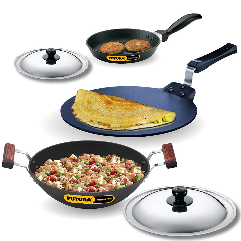 Hawkins Futura 3 Pieces Non Stick Cookware Set No.7 - 33cm Dosa Tava, 18cm Frying Pan, 2.5 Litres Kadhai and Two Stainless Steel Lids - NSET7