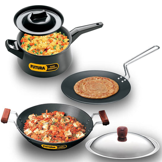 Hawkins Futura 3 Pieces Hard Anodised Cookware Set 3 - 26cm Tava, 3 Litres Handi Sauce Pan With One Hard Anodised Lid and 2.5 Litres Deep Fry Pan With SS Lid - ASET3