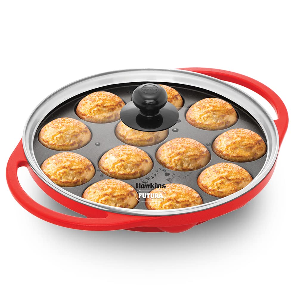 Hawkins Die-Cast Appe Pan | 12 Pits Paniyarakkal With Glass Lid 26cms, Red - NAPE26G