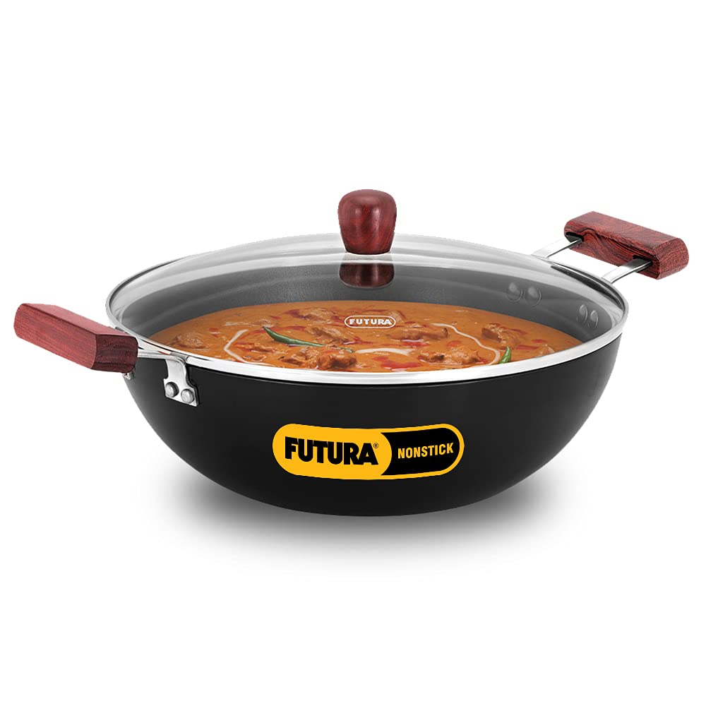 Hawkins Futura Non-stick Flat Bottom Deep Kadhai, Fry Pan With Glass Lid 5 Litres | 30 cms, 3.25mm, Induction Base - INK 50G