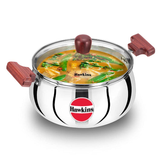 Hawkins Triply Stainless Steel Induction Base Cook n Serve Handi With Glass Lid 4 Litres | 22 cms - SSH 40G