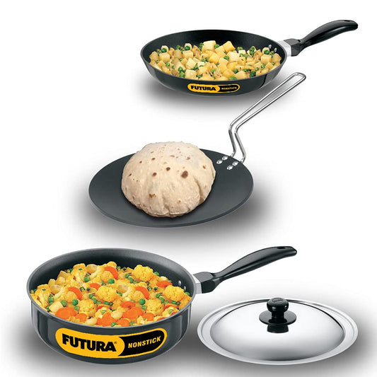 Hawkins Futura 3 Pieces Non Stick Cookware Set No. 2 - 26cm Tava, 26cm Frying Pan and 3.25 Litres Curry Pan with One Stainless Steel Lid - NSET2