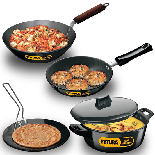 Hawkins Futura 4 Pieces Hard Anodised Cookware Set 1 - 26cm Tava, 22cm Frying Pan, 2.5 Litres Deep Fry Pan and 3 Litres Cook-n-Serve Bowl and One Hard Anodised Lid -ASET1