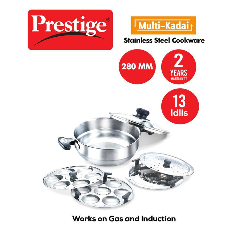 Prestige Stainless Steel Induction Base Multi-Kadai with Glass Lid 280mm (Dhokla Plate, Patra Plate, Idli Plates) - 36017