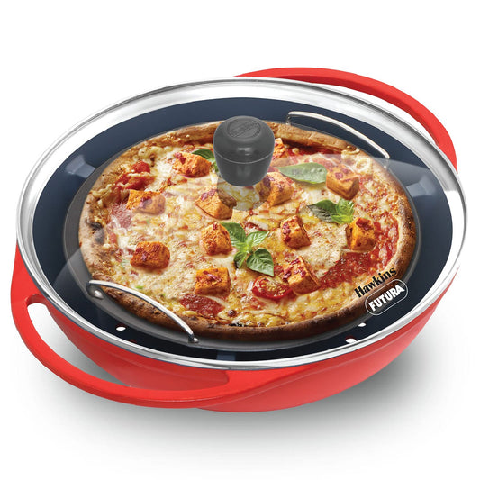 Hawkins Diecast 30cms Nonstick Pizza Maker and Cake Baker with Glass Lid, Gas Oven, Pizza Oven Toaster Griller Tandoor Barbecue, Cake Baking Pan, Red - PIZZA