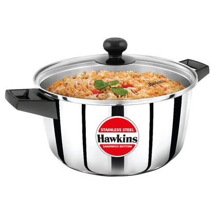 Hawkins 4 Litres Stainless Steel Sandwich Bottom Cook n Serve Casserole with Glass Lid 24cm - SSCB40G