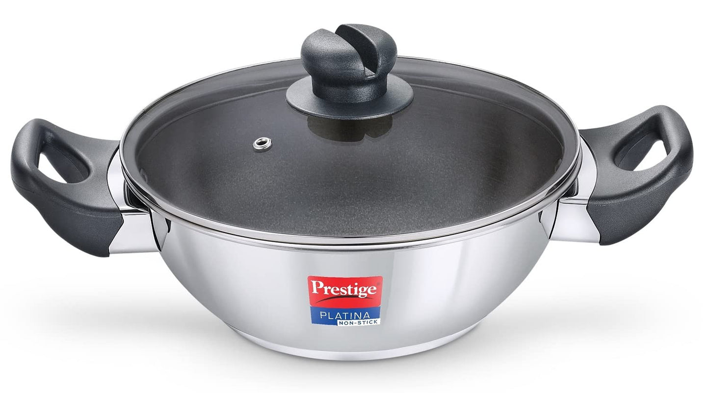 Prestige Platina Non-stick Stainless Steel Unique Impact Forged Bottom Kadai with Glass Lid 280mm - 36221