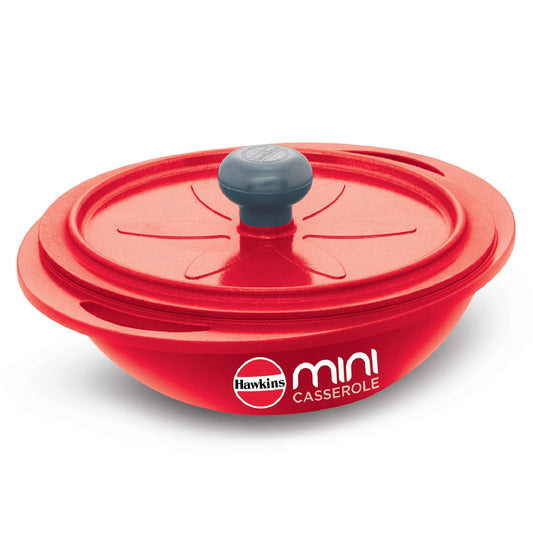 Hawkins Die-Cast Mini Casserole With Lid 0.75 Litres, Round Shaped Die-Cast pan for Cooking, Reheating, Serving and Storing, Red - MCRR75