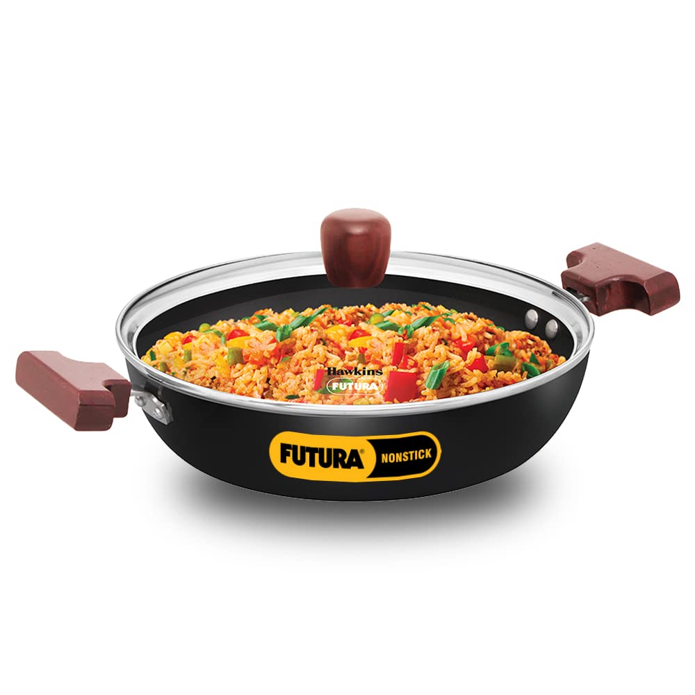 Hawkins Futura Non-stick Flat Bottom Shallow Kadhai, Fry Pan With Glass Lid 2.5 Litres | 26 cms, 3.25mm, Induction Base - INSK 25G