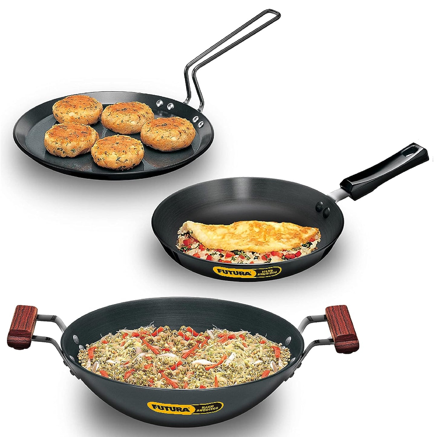 Hawkins Futura 3 Pieces Hard Anodised Cookware Set 2 - 26cm Tava, 25cm Frying Pan and 3.75 Litres Deep Fry Pan - ASET2