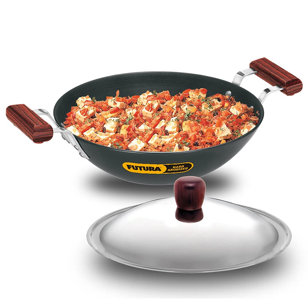 Hawkins Futura Hard Anodised Flat Bottom Deep Fry Pan With Stainless Steel Lid 5 Litres | 33 cms, 4.06mm - AD 50S