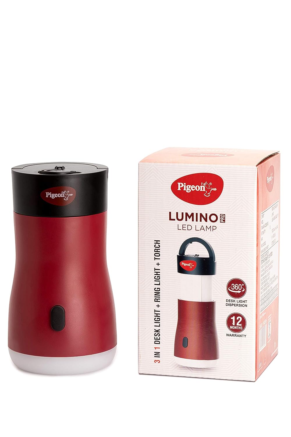 Pigeon Lumino Pro Desk, Torch Emergency Lamp with 1200mAH Battery (Red) - 14595