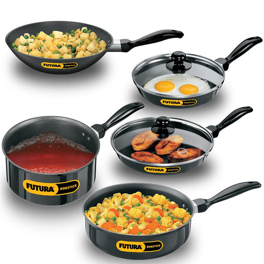 Hawkins Futura 5 Pieces Non Stick Cookware Set No. 4 - 22cm & 26cm Frying Pan With Glass Lid, 2 Litres Stir Fry Pan, 3.25 Litres Curry Pan, 3 Litres Sauce Pan - NSET4