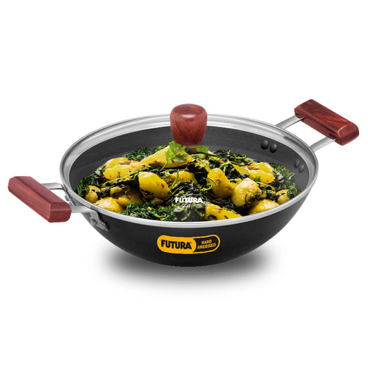 Hawkins Futura Hard Anodised Flat Bottom Deep Fry Pan With Glass Lid 3 Litres | 28 cms, 4.06mm - AD 30G