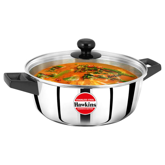 Hawkins 3 Litres Stainless Steel Sandwich Bottom Cook n Serve Casserole with Glass Lid 24cm - SSCB30G