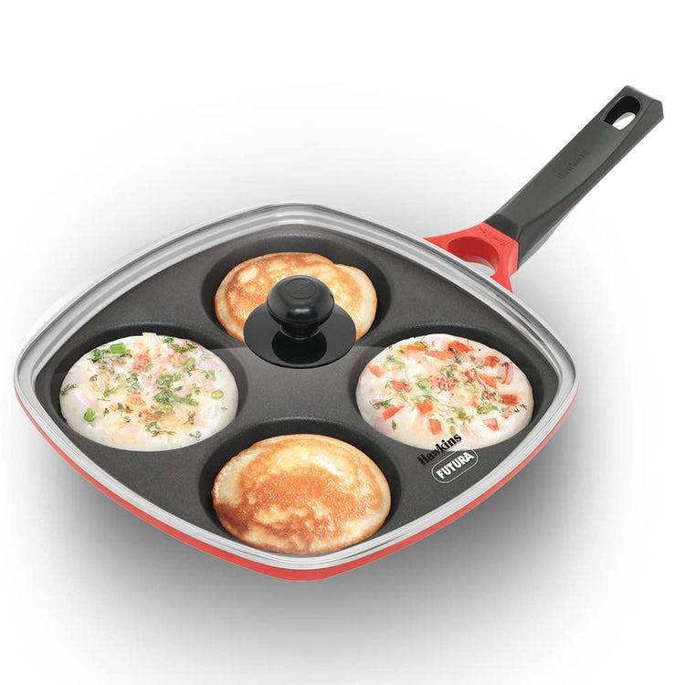 Hawkins Die-Cast Nonstick Multi Snack Pan with Glass Lid, Mini Uttapam Tawa, Pancake Pan, Red 30cms - DCMS 30G