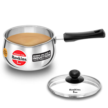 Hawkins 2 Litres Tpan With Glass Lid, Stainless Steel Tea Pan, Induction Base Sauce Pan, Chai Pan, Small Pan - SST20G